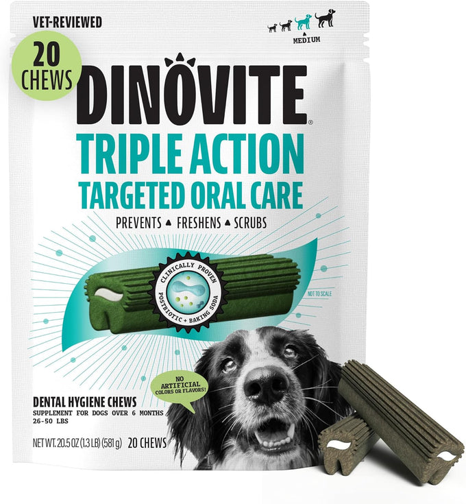 Dinovite Triple Action Dental Chews for Small Breeds, Clinically Proven to Prevent Plaque & Tartar, Fresh Mint Flavor, 30 Count, Made in USA