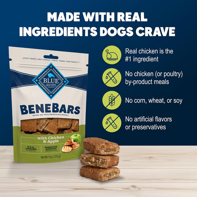 Blue Buffalo BeneBars Digestive Support Dog Treats USA Chicken and Apple, 9-oz Bag