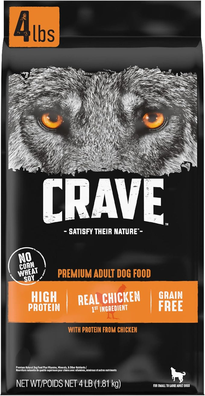 CRAVE grain free high protein adult dry dog food, chicken, 4 lb bag, 34% protein