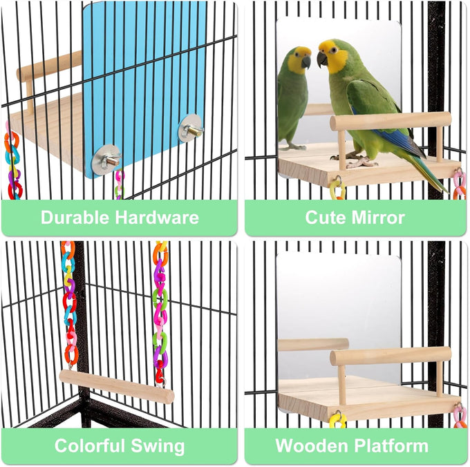 KyoukiBird Perch Platform Bird Toys with Mirror Climbing Ladder Swing for Cockatiels, Lovebirds, Budgies and More - Wooden Parakeet Cage Accessories