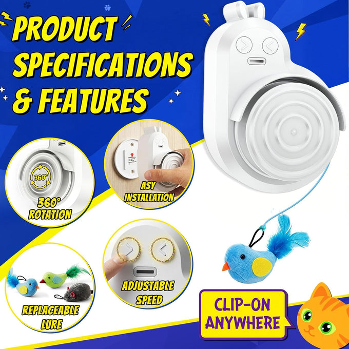 Automatic Flying Bird Feather & Mouse Wand Cat Toy for Indoor Cats, Hands-Free USB-Rechargeable Safe Play Chase Exercise