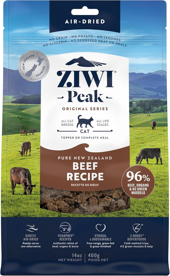 Ziwi Peak air-dried beef cat food - 96% free-range beef, grain-free, high protein, limited ingredient