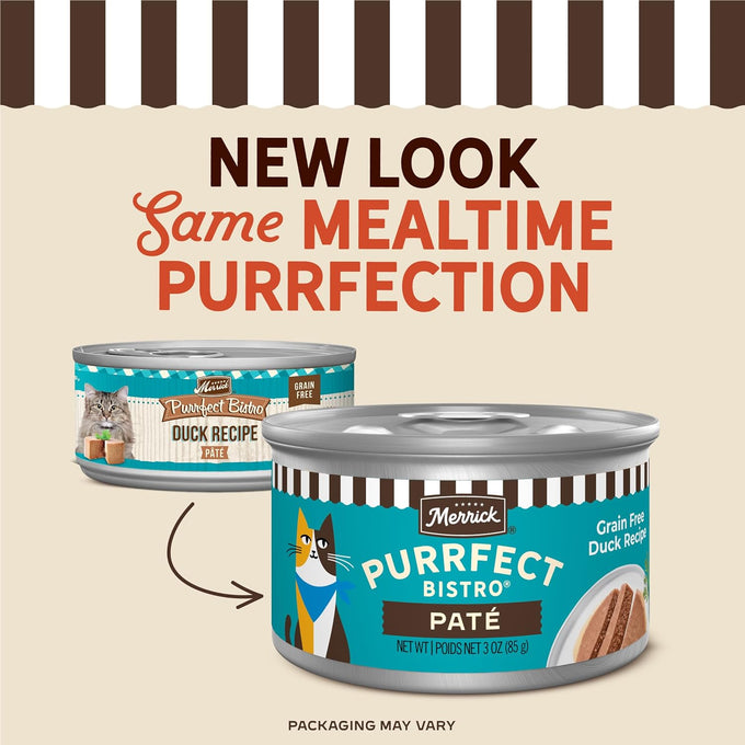 Merrick Purrfect Bistro grain-free, premium, soft canned duck adult wet cat food, 24 pack, 3 oz cans