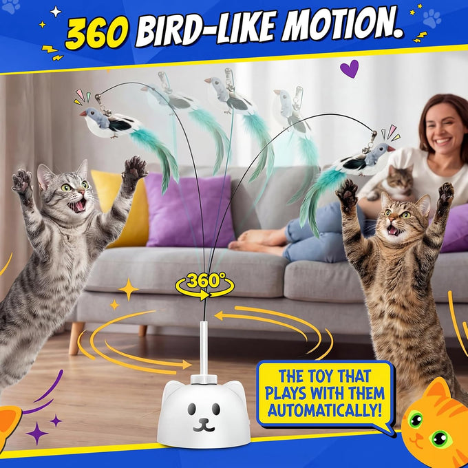Automatic Flying Bird Feather Cat Toy for Indoor Cats with Sticky Suction Base and USB Rechargeable Electric Teaser