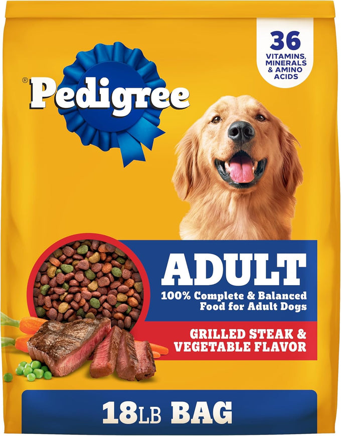 Pedigree adult dry dog food, complete nutrition, grilled steak & vegetable flavor, 18 lb bag