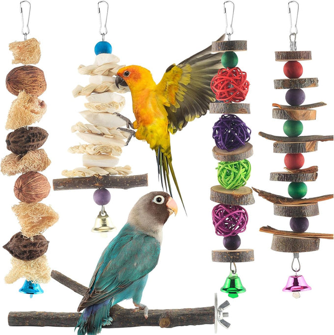 7-pack parakeet natural wood toys for small birds parrot hanging cage toy perch stand