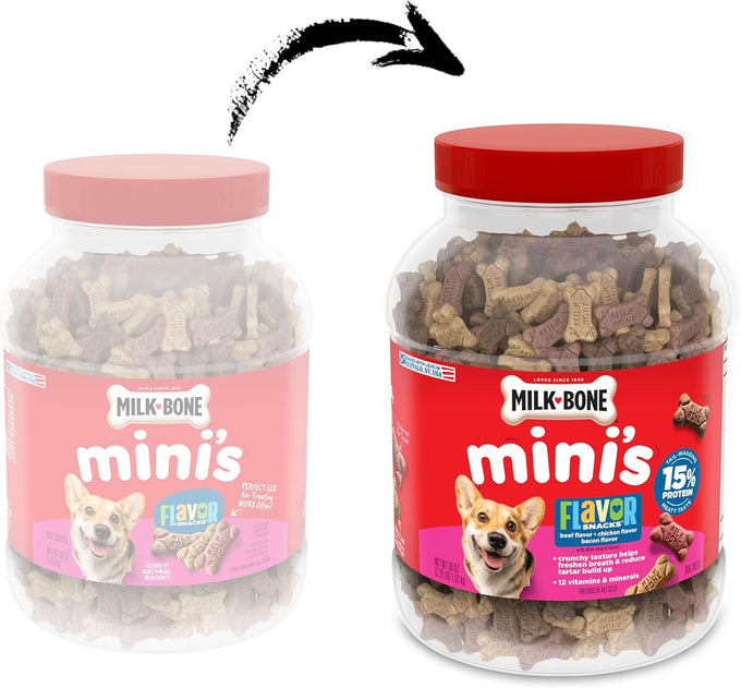 Milk-Bone Flavor Snacks Mini's dog biscuits, 36 Oz canister, beef, chicken, bacon flavors