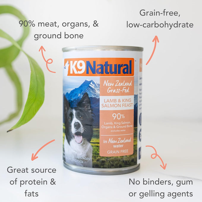 K9 Natural Lamb & King Salmon Wet Dog Food Pate, Grain-Free Premium Canned Dog Food, with Grass-Fed New Zealand Lamb, Salmon, Organs, & Ground Bone, Complete Meal for All Life Stages, 13oz, Pack of 12
