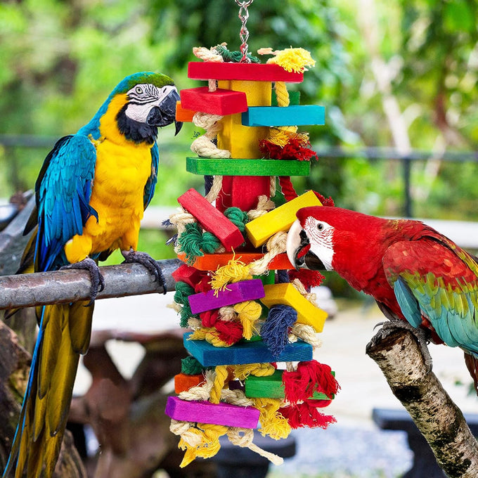 Natural Wood Bird Toys for Macaws, African Grey, Amazon Parrots, 18 inch, Non-Toxic, Chewing and Climbing