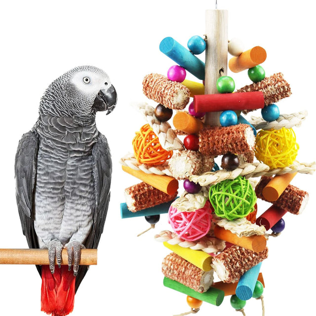 Parrot toys for large birds, natural peppered wood, African Grey, Macaws, Cockatoos, Amazon Parrot chew toys, aviary hanging accessories
