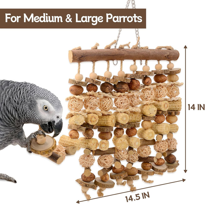 14.5" Extra Large Macaw Bird Chewing Toy with Natural Wood, Corn Cobs and Rattan Balls for African Grey, Cockatoos