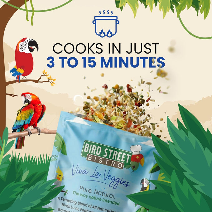 Bird Street Bistro parrot food with natural grains, legumes, and non-gmo fruits for parakeets and cockatiels