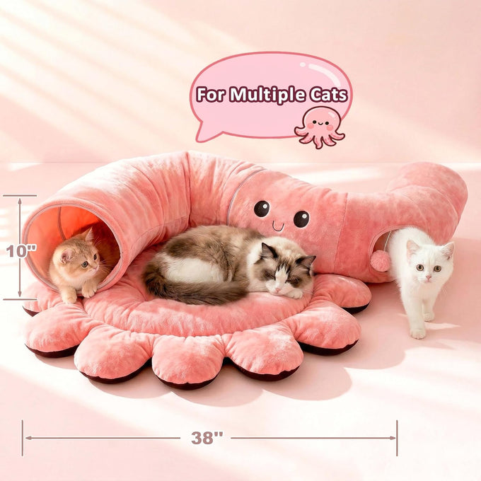 Cat Octopus Tunnel Bed with 20 Toys, Collapsible Indoor Cat Playhouse for Kittens, Machine Washable Cushion