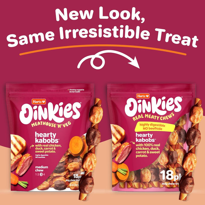 Hartz Oinkies Hearty Kabob Dog Treats with 100% Real Chicken Duck Sweet Potato Carrot Rawhide-Free Natural Dog Chews 18 Count