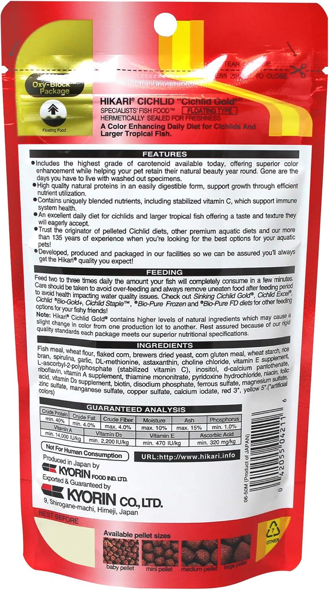 Hikari 2-Ounce Cichlid Gold Floating Pellets for Large Pets, Floating, High in Beta Carotene, Stabilized Vitamin C
