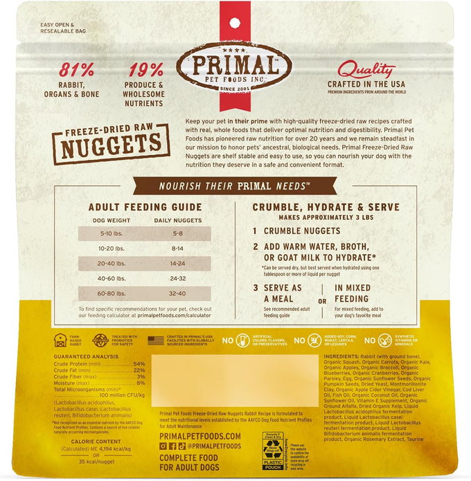 primal freeze dried raw dog food nuggets, rabbit, 14 oz, complete and balanced meal, grain free, high protein
