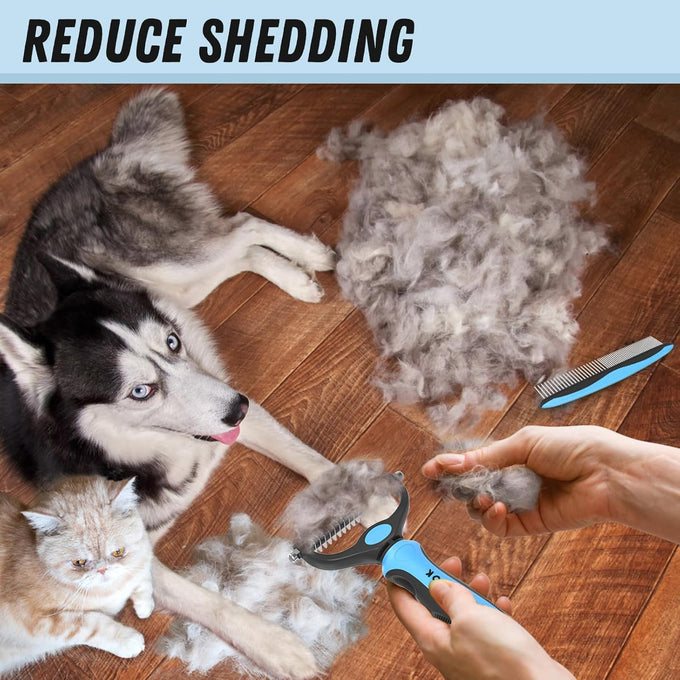 Docrok pet grooming combo with metal comb for detangling and dematting long fur on dogs and cats, blue