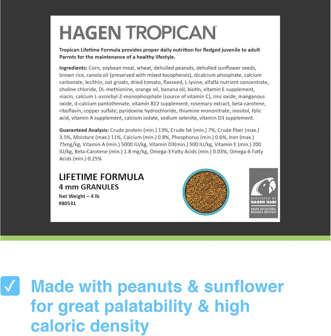 hagen tropican lifetime formula parrot food 4 lbs with peanuts and sunflower seeds