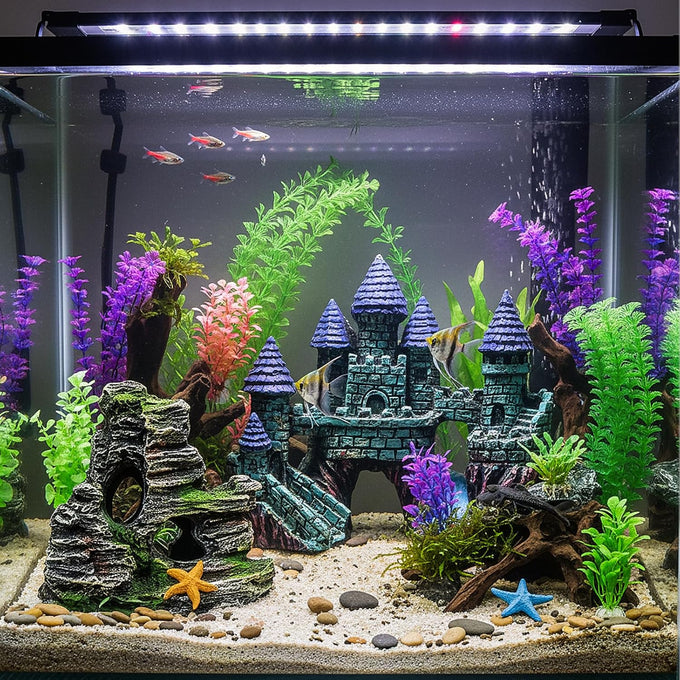 Mechpia 13 Pieces Aquarium Decorations Kit, Small Resin Castle, Rockery, and Artificial Plants for Betta Fish Tank Decorations