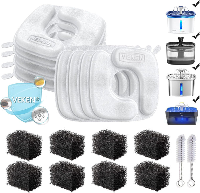 Veken 8-pack cat water fountain filters & pre-filter sponges for 50oz-108oz automatic pet fountains