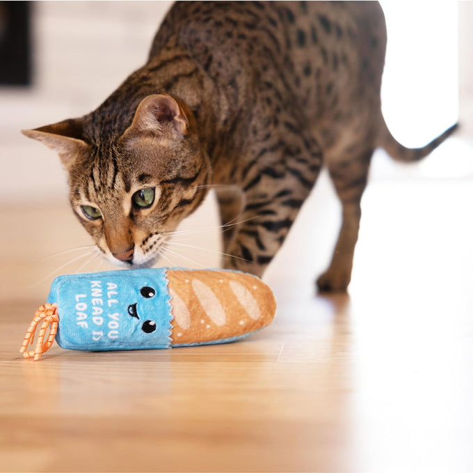 Catstages Loaf Kicker Toy with Catnip and Dental Mesh - Bread Shape, Plush, and Ribbon Cat Toy for Kicking and Teeth Cleaning, Tan