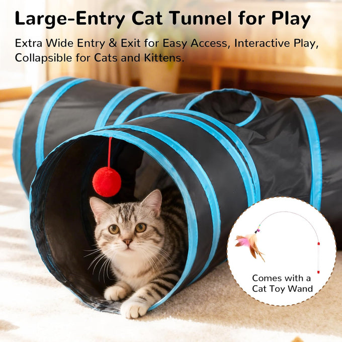 Tempcore 3-way collapsible cat tunnel for indoor cats, kittens, and small pets with peek hole and ball toy