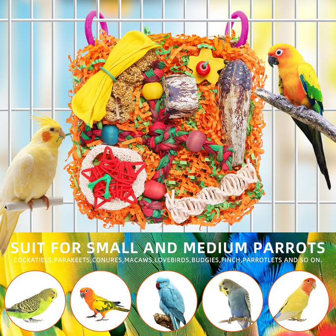 Bird toys for small & medium parrots - natural foraging & shredding cage hanging toys with seagrass mat, starfruit, loofah slices, 1 pc