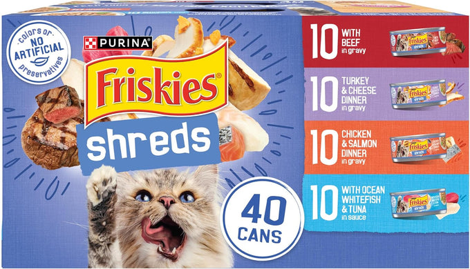 Purina Friskies Wet Cat Food Variety Pack, 40-count, 5.5 oz. Cans, Beef, Turkey, Cheese, Chicken, Salmon, Ocean Whitefish, and Tuna