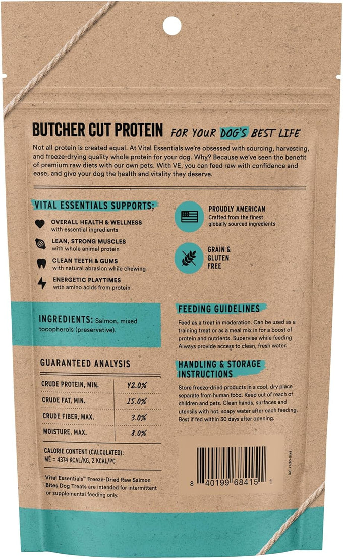 Vital Essentials Salmon Bites, Single Protein, Grain-Free, Freeze-Dried Dog Treats, 2.5 oz Bag