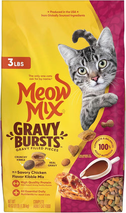 Meow Mix savory chicken flavor gravy bursts dry cat food, 3 lb bag, crunchy kibble with real gravy
