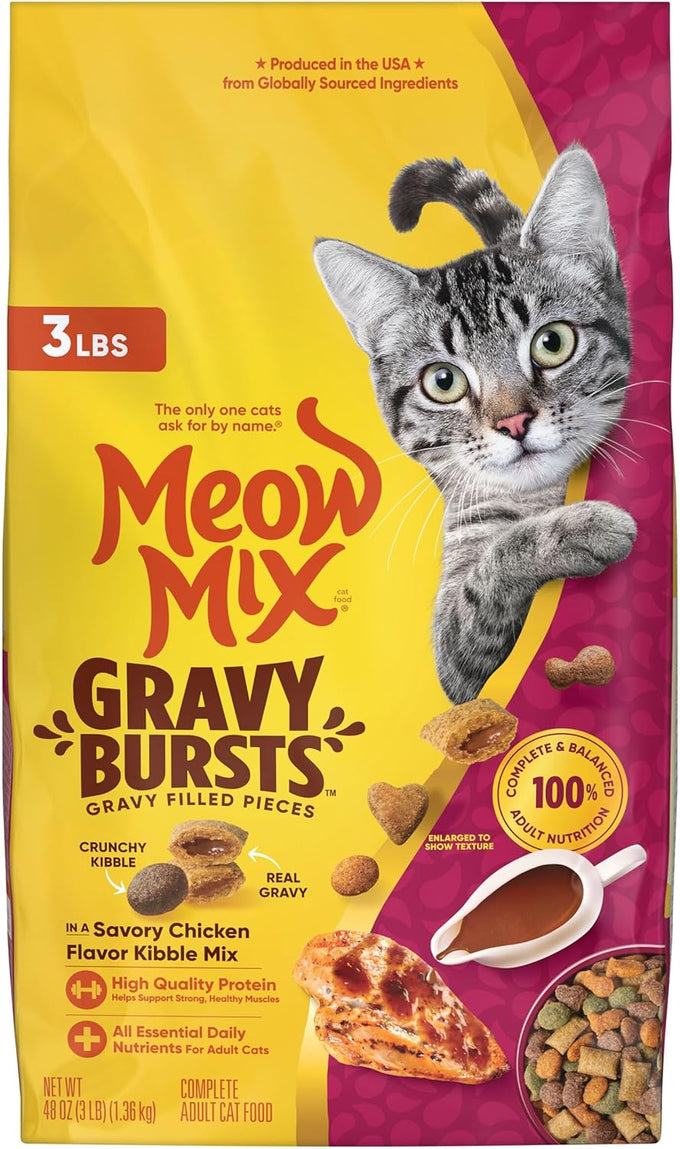 Meow Mix savory chicken flavor gravy bursts dry cat food, 3 lb bag, crunchy kibble with real gravy