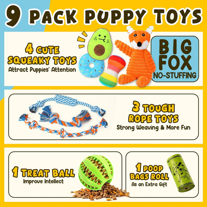 Zeaxuie 9-pack puppy toys bundle for small dogs, teething toys, squeaky plush and rope chew toys