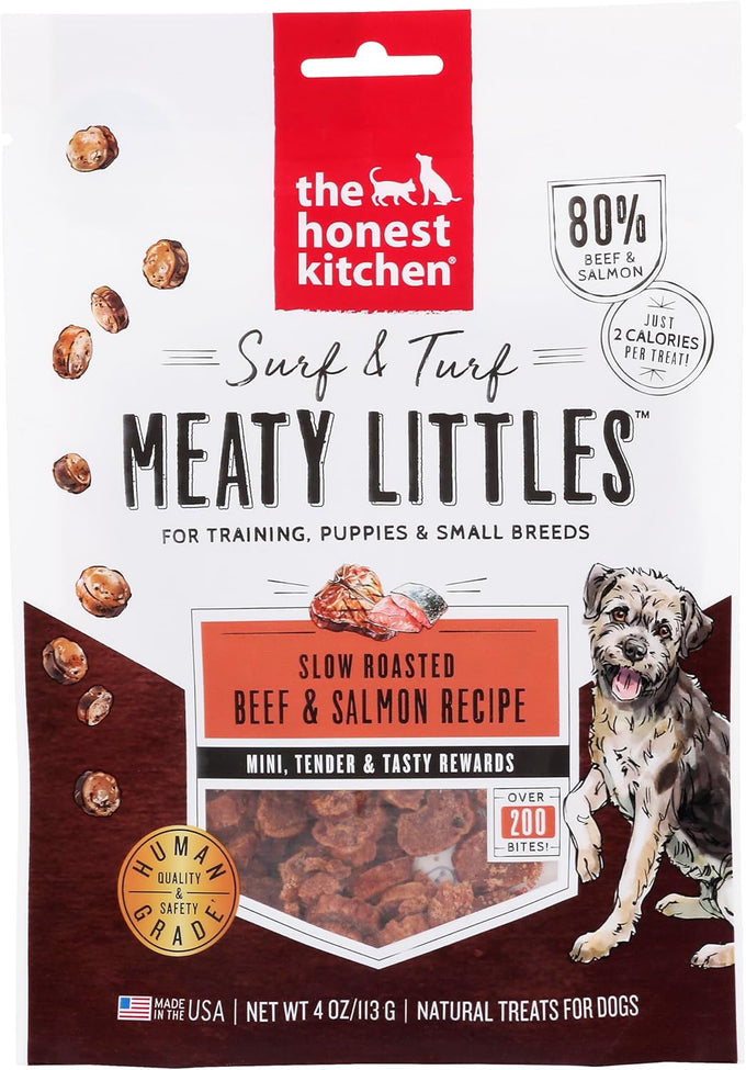 Honest Kitchen Human Grade Dog Treats Surf & Turf Meaty Littles with Beef & Salmon Recipe, 4 oz Bag, USA Made