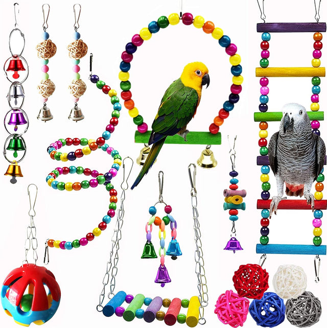 Hamiledyi bird parrot swing chewing toy set 15pcs wooden hanging bell hammock climbing ladders colorful pet birds cage toys