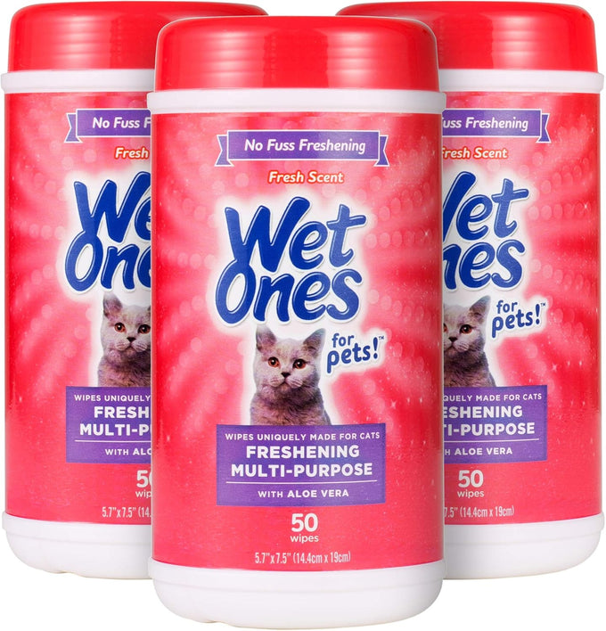 Wet Ones for Cats Freshening Wipes, multi-purpose cat grooming wipes with aloe vera, gentle cleaning, 50 count