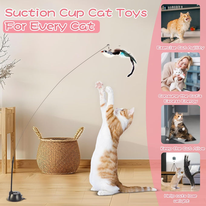 maiguangta interactive bird simulation cat toy set with detachable feathers and suction cups, 6 pcs cat wand toys