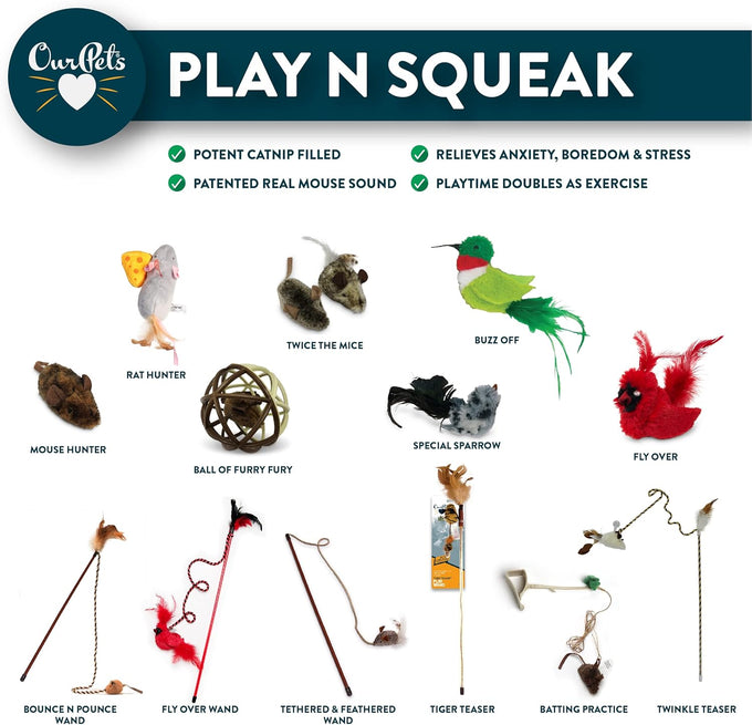 OurPets Teathered & Feathered Play Wand Cat Toy for All Breed Sizes with Real Bird Chirping Sound and Cosmic Catnip