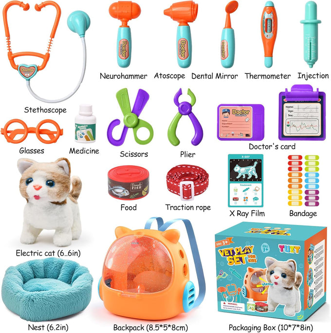 TUZT 17PCS Interactive Electric Cat Veterinarian Playset for Kids Birthday Gifts
