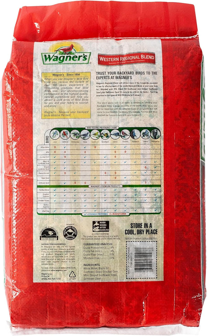 Wagner's Western Regional Blend Wild Bird Food, 20-Pound Bag, Attracts Songbirds with Sunflower and Safflower Seeds, Made in USA