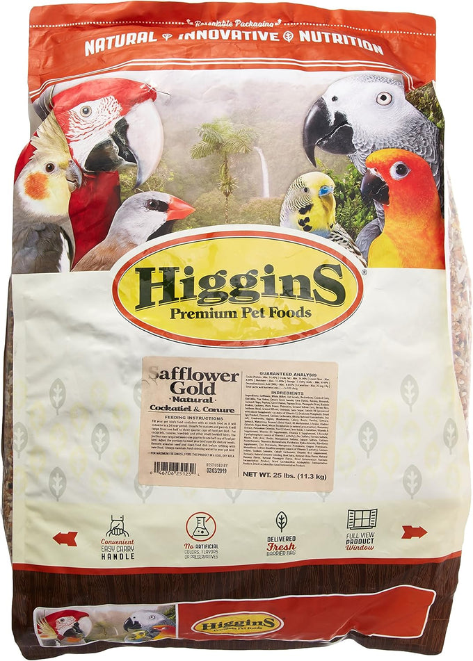Higgins Safflower Gold Natural Food For Conure/Cockatiel, 25-Pound Bag, Gourmet, Fortified Seed Blend