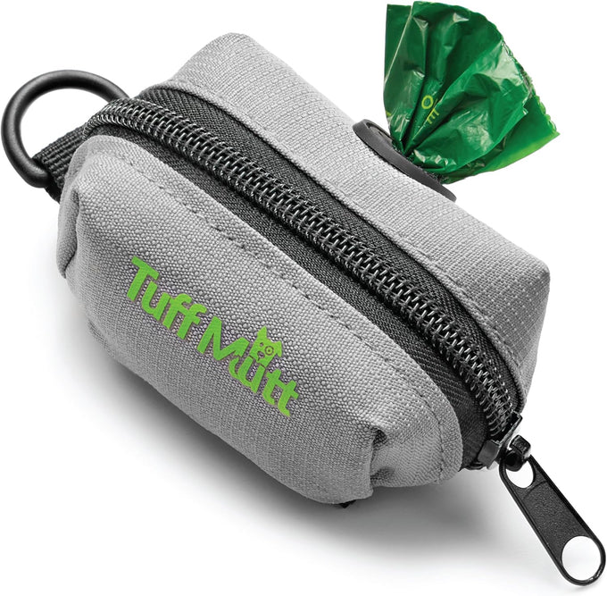 Tuff Mutt dog waste bag holder with velcro attachment - durable fabric dispenser for leashes - starter roll included