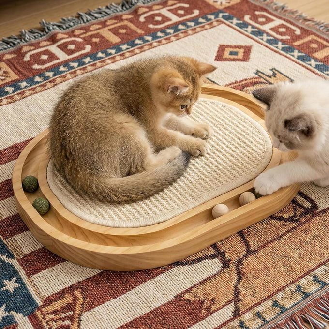 Natural Sisal cat scratcher with ball track, wooden base for indoor kittens and medium cats