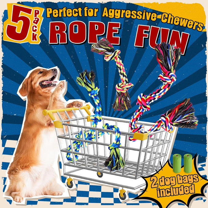 Forfon Tough & Strong rope toys for large aggressive chewers with 3 rope toys & 2 dog bags
