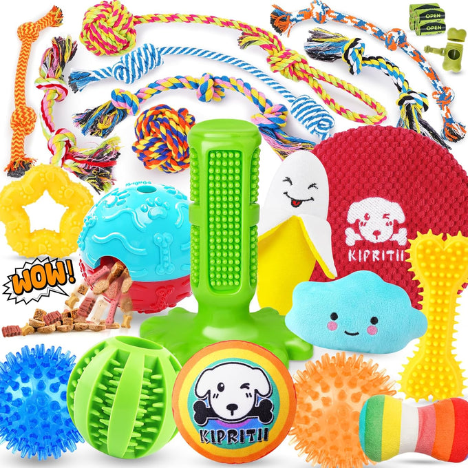 kipritii assorted dog toys, 25 pack, teething, entertainment, interactive play, puppy toys, rope toys, squeaky dog toys, treat balls