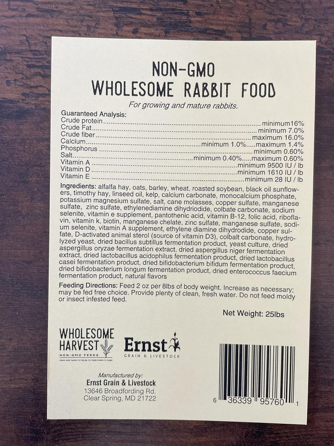 Non-Gmo Rabbit Food 25 Lb, 16 Protein, Alfalfa Hay, Supports Healthy Digestion, Suitable All Life Stages