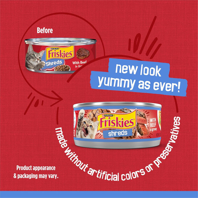 Purina Friskies Shreds with Beef in Gravy, 5.5 oz. Cans, Pack of 24, Adult Cat Food with Real Beef and Vitamins