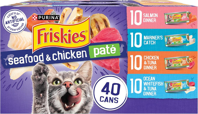 Purina Friskies pate wet cat food, 40ct variety pack, seafood & chicken flavors, 5.5 oz cans, 100% complete nutrition