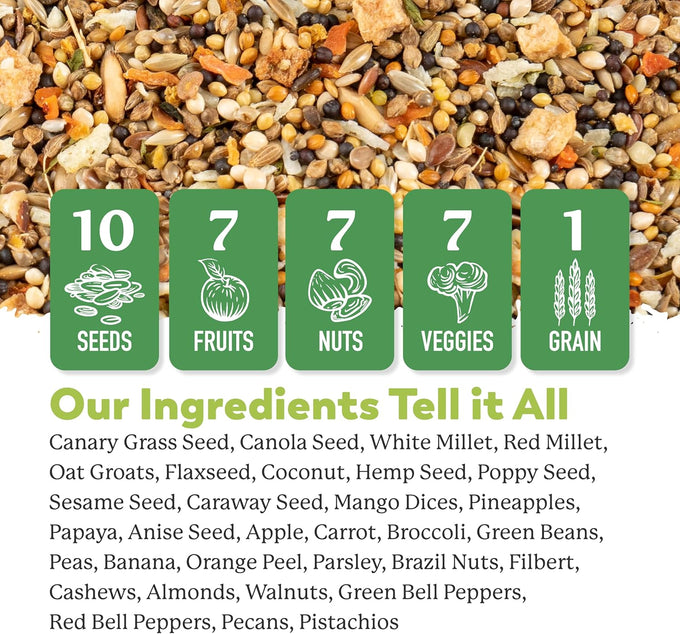 wholesome dr. harvey's parakeet food with 10 seed types, 7 nuts, 15 fruits & vegetables, no chemicals (4 pounds)