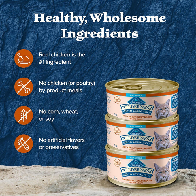 blue buffalo wilderness wild delights meaty morsels wet cat food, 24 count, 3-oz. cans, chicken & turkey recipe
