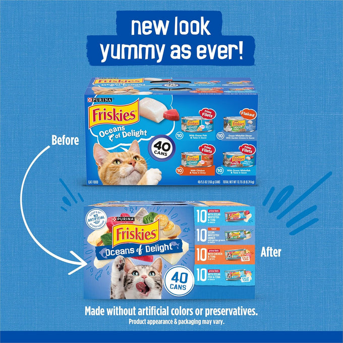 Purina Friskies Oceans of Delight Wet Cat Food Variety Pack - 40 Cans, 5.5 oz, Adult Cat Food
